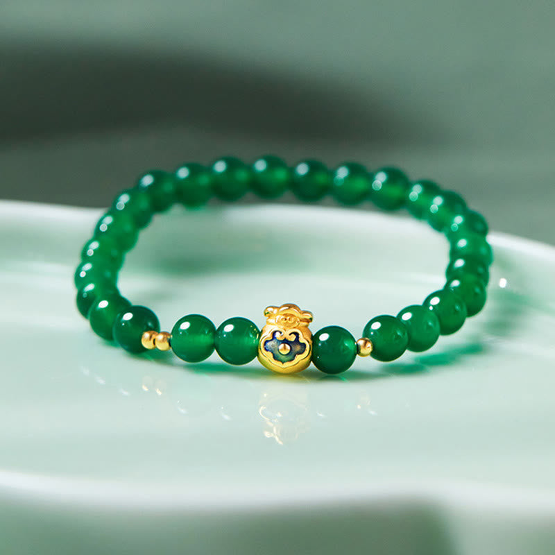 Buddha Stones 999 Srebro Sterlingowe Szczęście Torebka Zielony Chalcedon Spokojna Bransoletka