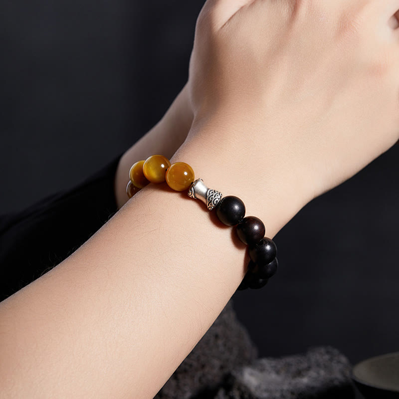 Bransoletka relaksacyjna Buddha Stones 999 Sterling Silver Ebony Tiger Eye Black Obsidian