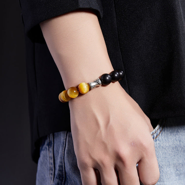 Bransoletka relaksacyjna Buddha Stones 999 Sterling Silver Ebony Tiger Eye Black Obsidian