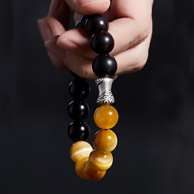 Bransoletka relaksacyjna Buddha Stones 999 Sterling Silver Ebony Tiger Eye Black Obsidian