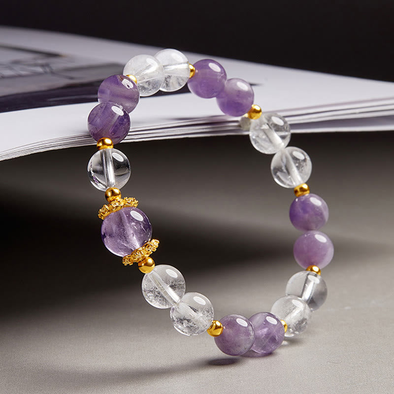 Bransoletka Buddha Stones 925 Sterling Silver Natural Amethyst White Crystal Balance