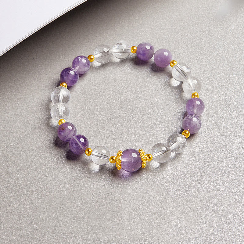 Bransoletka Buddha Stones 925 Sterling Silver Natural Amethyst White Crystal Balance