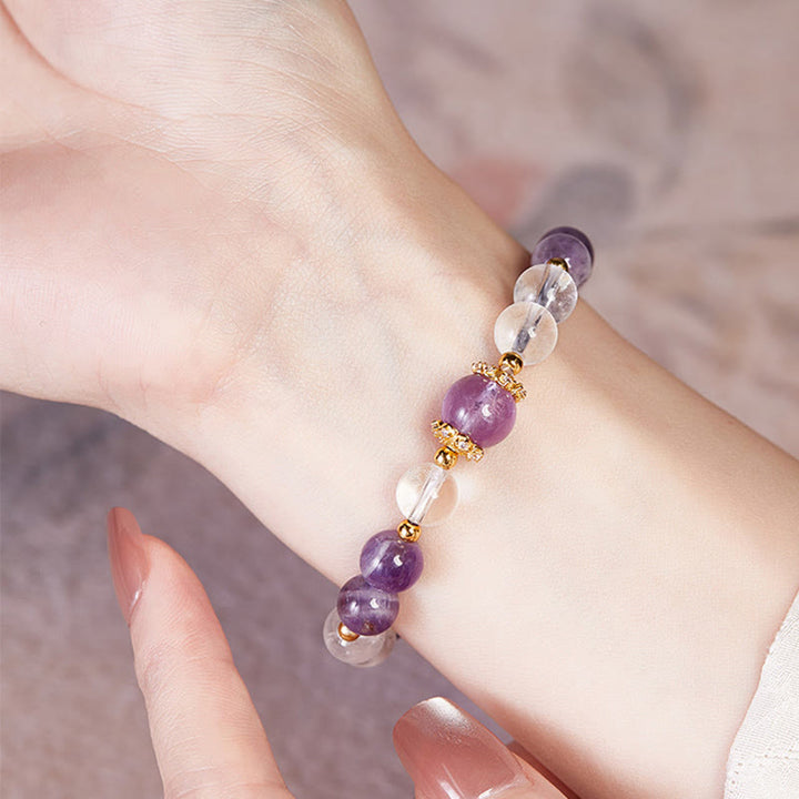 Bransoletka Buddha Stones 925 Sterling Silver Natural Amethyst White Crystal Balance