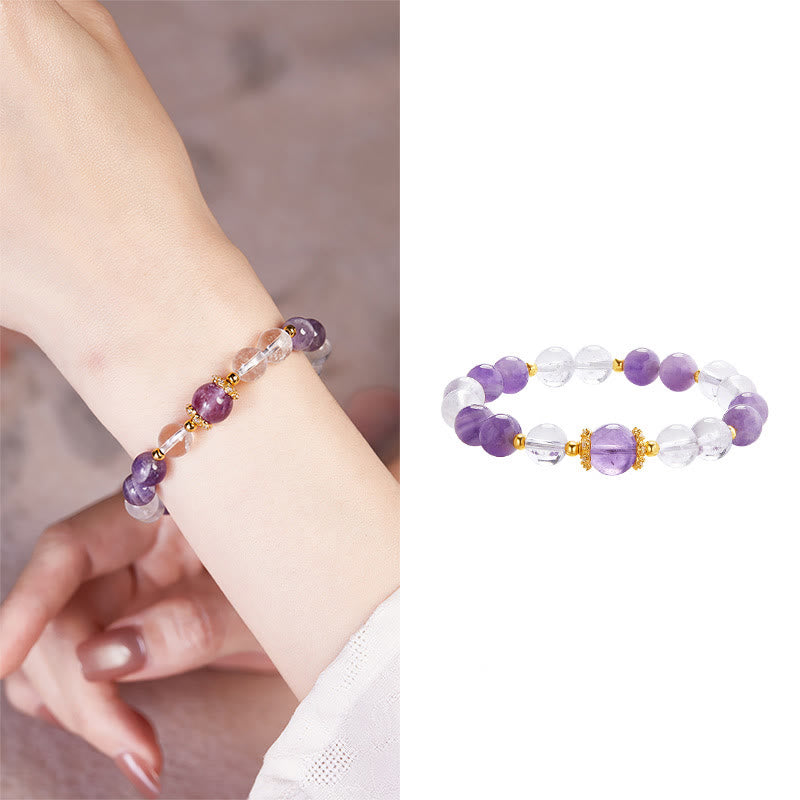 Bransoletka Buddha Stones 925 Sterling Silver Natural Amethyst White Crystal Balance