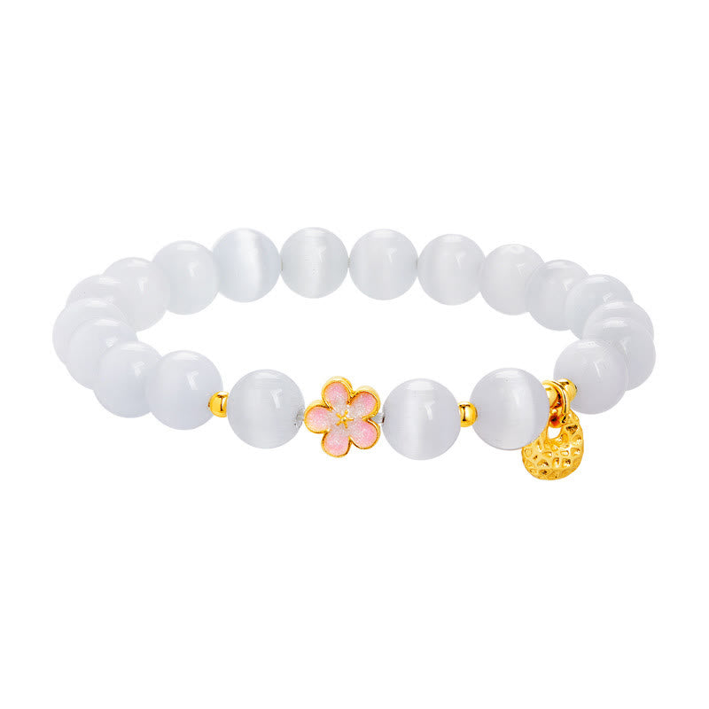 Buddha Stones 925 Srebro Sterling Naturalny Brzoskwiniowy Kwiat Biały Kocie Oko Pozytywna Bransoletka