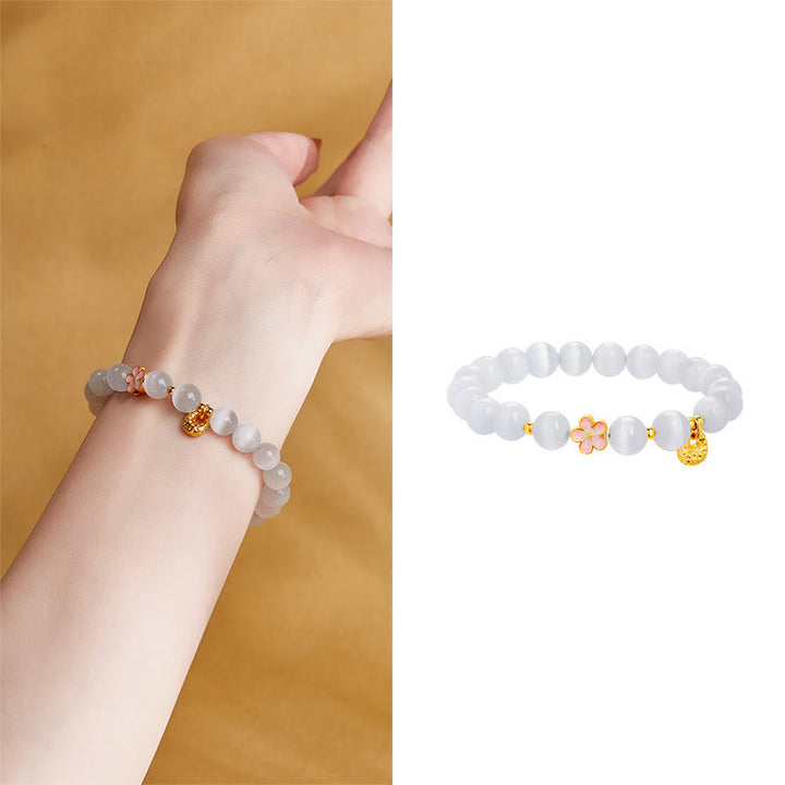Buddha Stones 925 Srebro Sterling Naturalny Brzoskwiniowy Kwiat Biały Kocie Oko Pozytywna Bransoletka