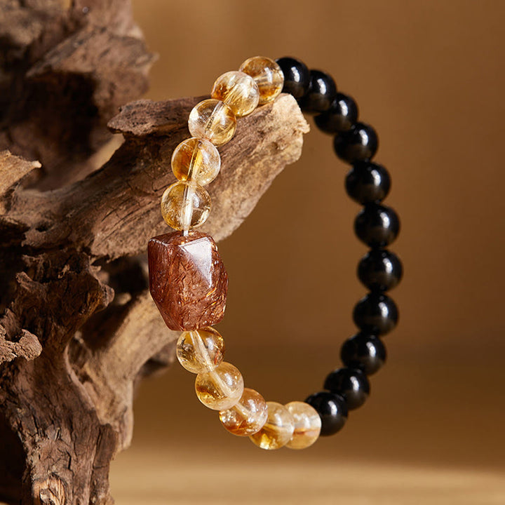 Buddha Stones Naturalna czarna obsydianowa cytrynowa bransoletka Super Seven Crystal Strength
