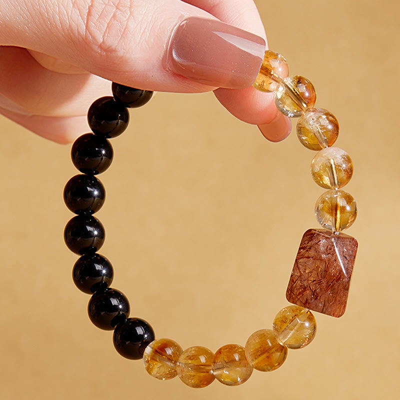 Buddha Stones Naturalna czarna obsydianowa cytrynowa bransoletka Super Seven Crystal Strength