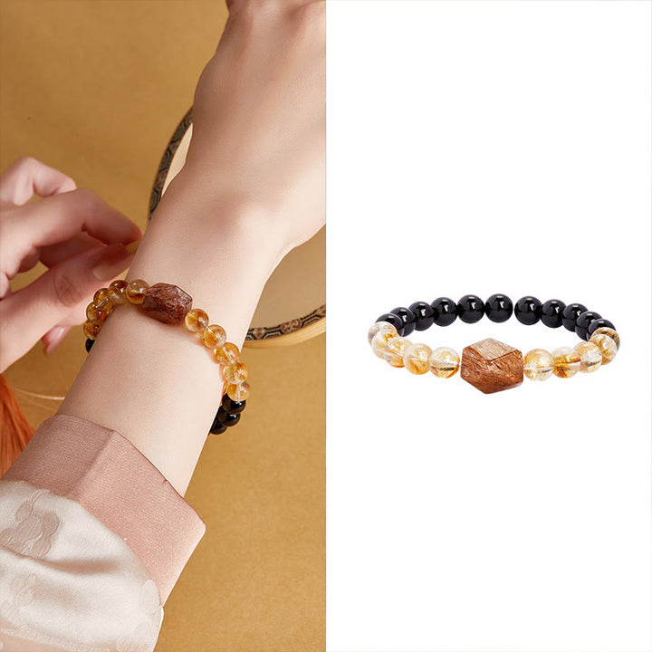 Buddha Stones Naturalna czarna obsydianowa cytrynowa bransoletka Super Seven Crystal Strength