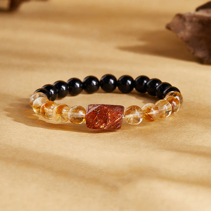 Buddha Stones Naturalna czarna obsydianowa cytrynowa bransoletka Super Seven Crystal Strength