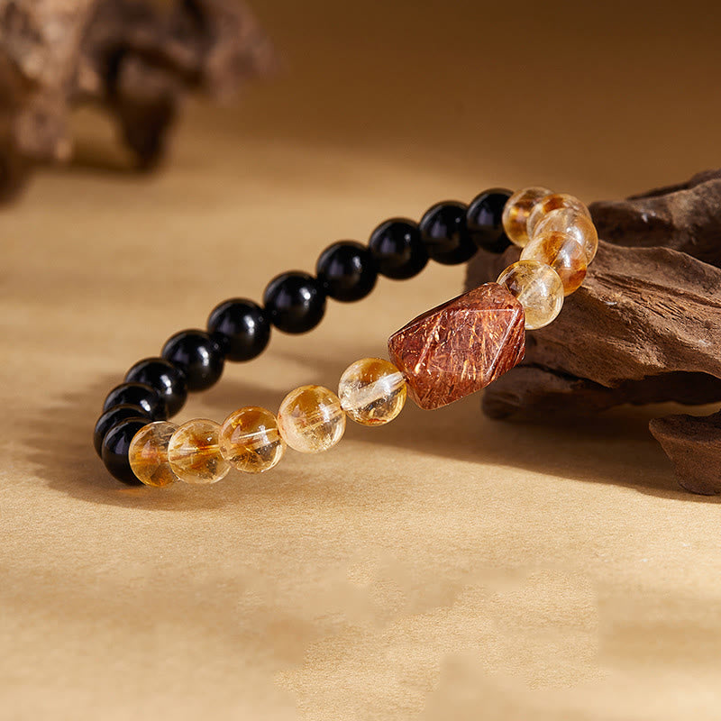 Buddha Stones Naturalna czarna obsydianowa cytrynowa bransoletka Super Seven Crystal Strength