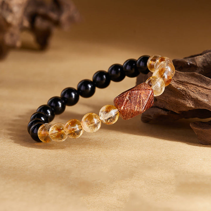Buddha Stones Naturalna czarna obsydianowa cytrynowa bransoletka Super Seven Crystal Strength