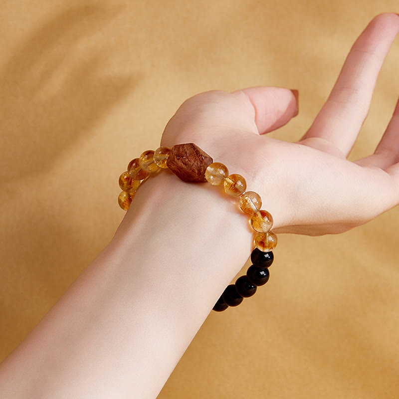 Buddha Stones Naturalna czarna obsydianowa cytrynowa bransoletka Super Seven Crystal Strength