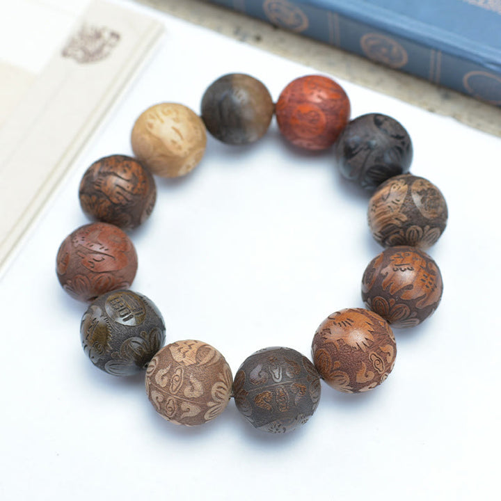 Rzeźba z Buddha Stones z drzewa sandałowego Chiński znak zodiaku Pomyślny smok Feniks Fu Charakter uzdrawiająca bransoletka