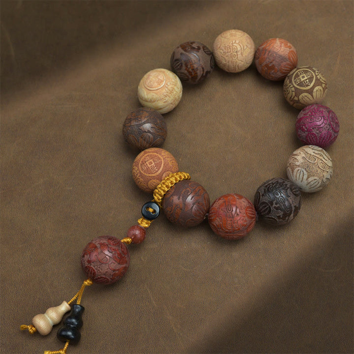 Rzeźba z Buddha Stones z drzewa sandałowego Chiński znak zodiaku Pomyślny smok Feniks Fu Charakter uzdrawiająca bransoletka
