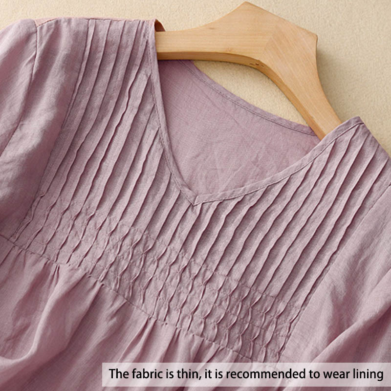 Koszula damska z krótkim rękawem i okrągłym dekoltem w serek Buddha Stones Casual Plain Loose Cotton - image 3