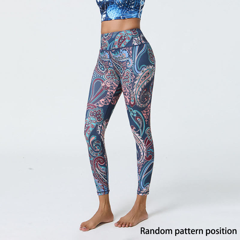 Buddha Stones Kwiaty Pióra Słońce Księżyc Nadruk Sport Fitness Joga Wysoki Stan Legginsy Damskie Spodnie