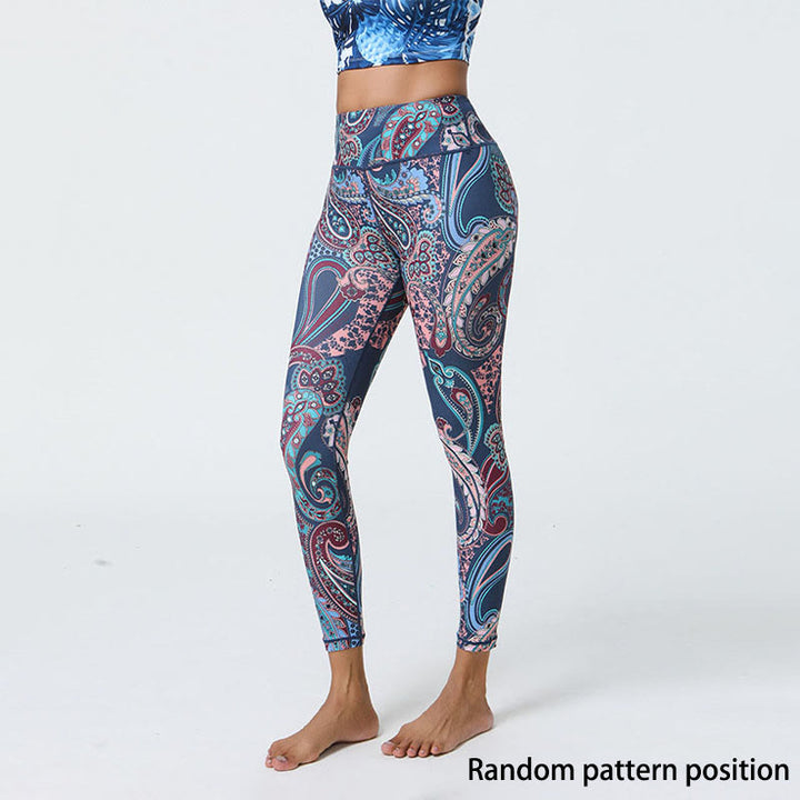 Buddha Stones Kwiaty Pióra Słońce Księżyc Nadruk Sport Fitness Joga Wysoki Stan Legginsy Damskie Spodnie