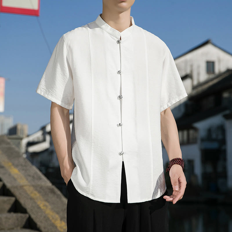 Koszula męska z krótkim rękawem z bawełny Buddha Stones Summer Solid Color Front Button Design - image 2