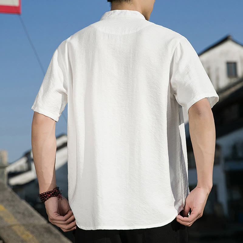 Koszula męska z krótkim rękawem z bawełny Buddha Stones Summer Solid Color Front Button Design - image 8