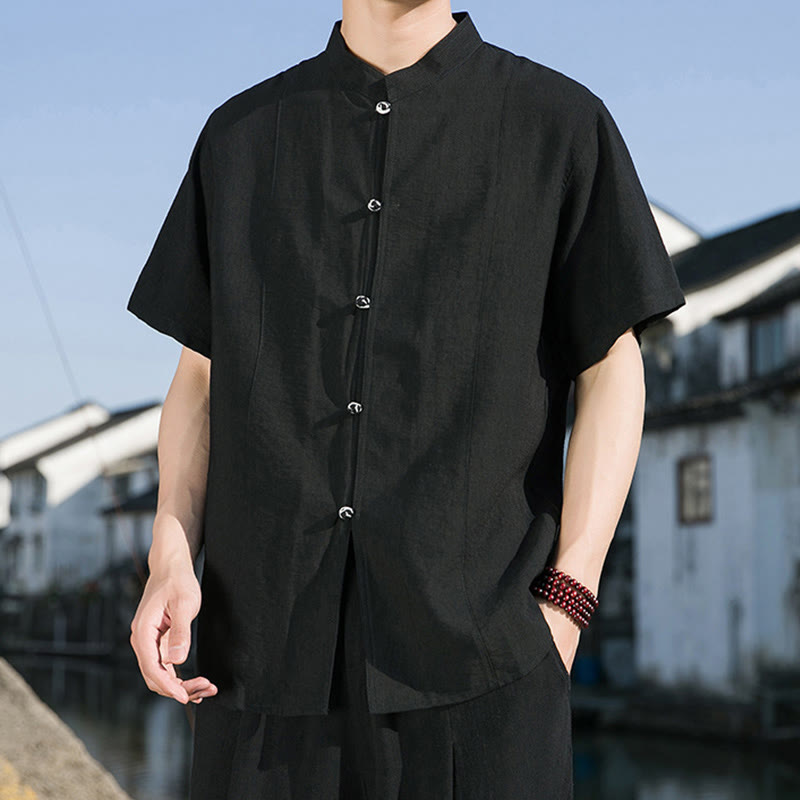 Koszula męska z krótkim rękawem z bawełny Buddha Stones Summer Solid Color Front Button Design - image 13