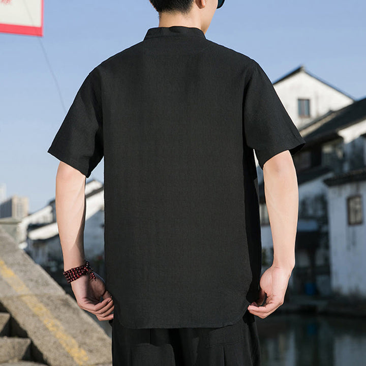 Koszula męska z krótkim rękawem z bawełny Buddha Stones Summer Solid Color Front Button Design - image 15