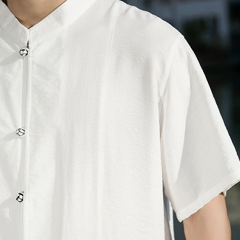 Koszula męska z krótkim rękawem z bawełny Buddha Stones Summer Solid Color Front Button Design - image 10