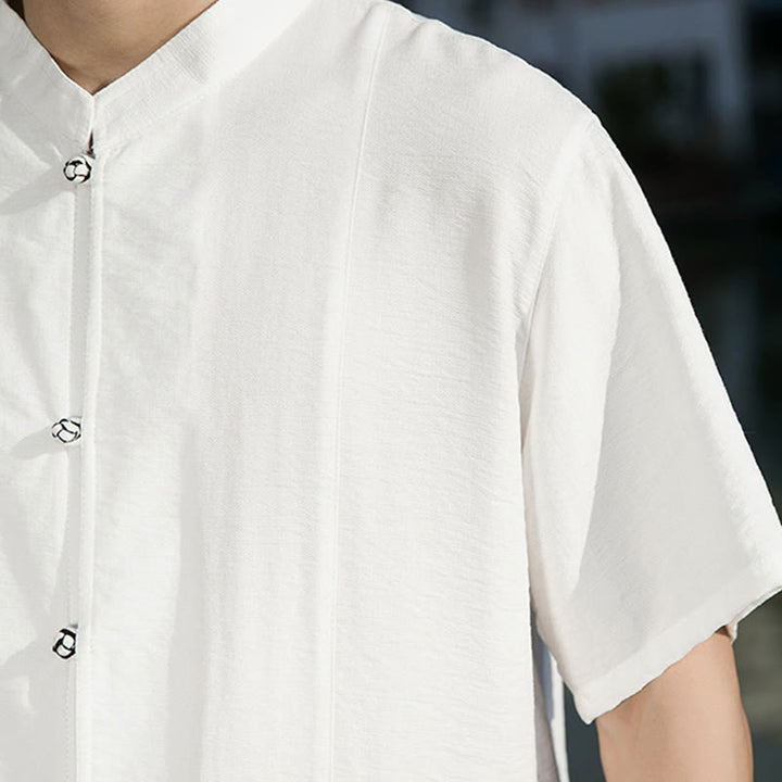 Koszula męska z krótkim rękawem z bawełny Buddha Stones Summer Solid Color Front Button Design - image 10