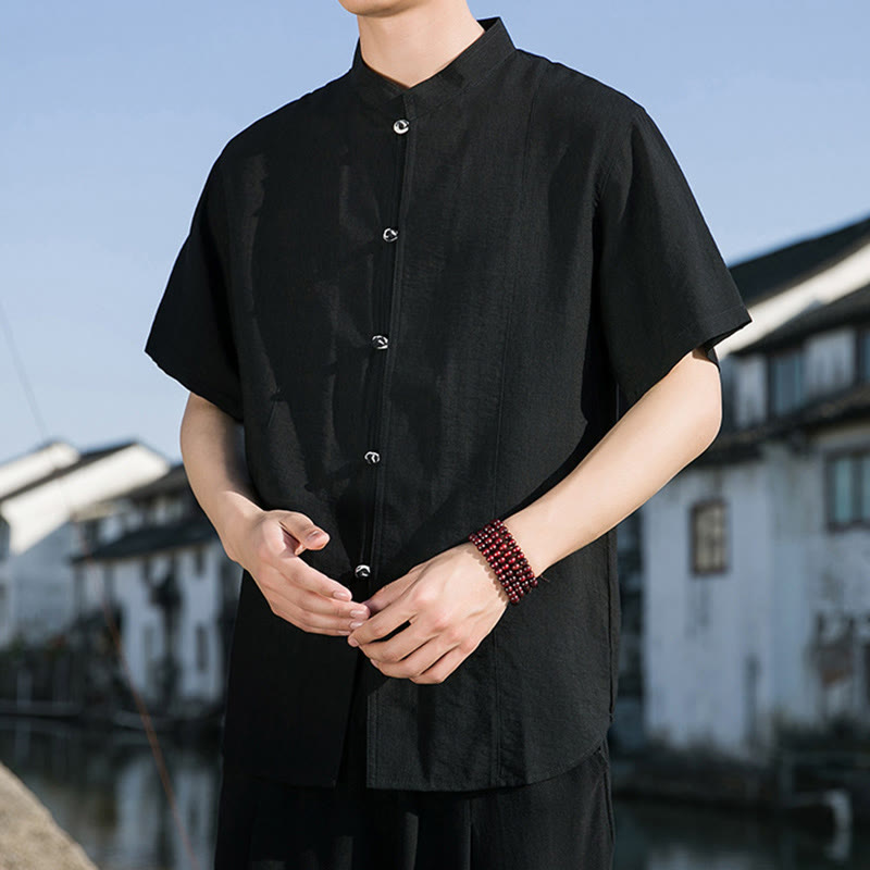 Koszula męska z krótkim rękawem z bawełny Buddha Stones Summer Solid Color Front Button Design - image 17