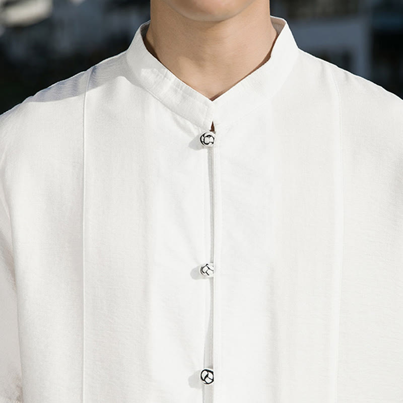 Koszula męska z krótkim rękawem z bawełny Buddha Stones Summer Solid Color Front Button Design - image 9