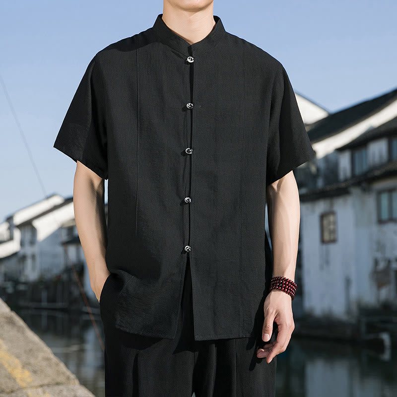 Koszula męska z krótkim rękawem z bawełny Buddha Stones Summer Solid Color Front Button Design - Czarny - US/UK/AU42， EU52 (3XL) - image 12
