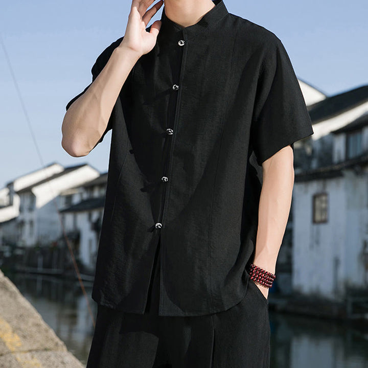 Koszula męska z krótkim rękawem z bawełny Buddha Stones Summer Solid Color Front Button Design - image 14