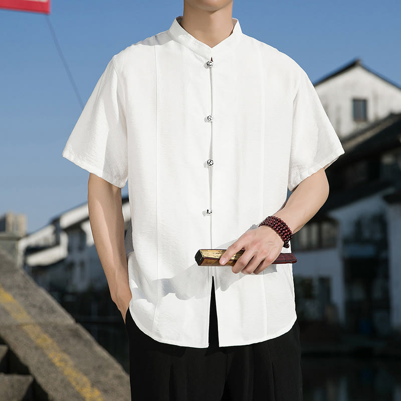 Koszula męska z krótkim rękawem z bawełny Buddha Stones Summer Solid Color Front Button Design - Biały - US/UK/AU42， EU52 (3XL) - image 0