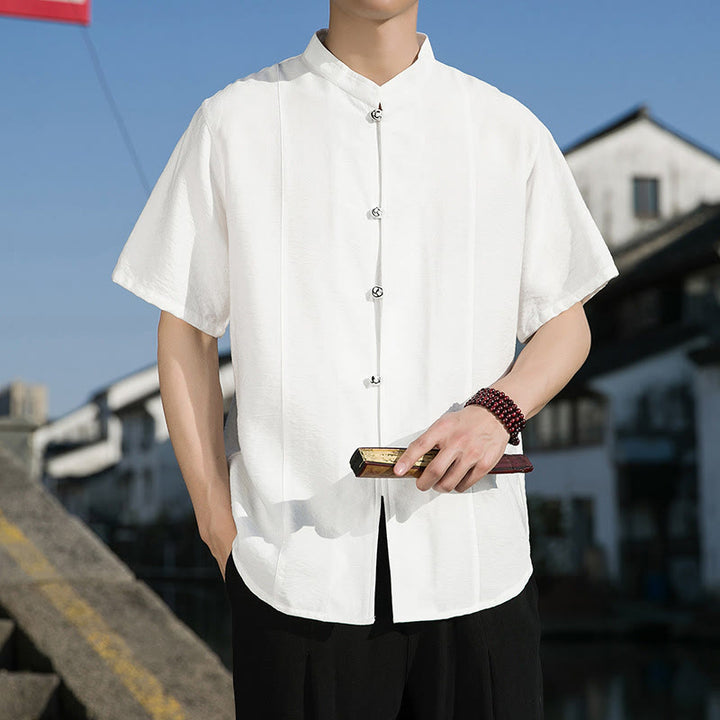 Koszula męska z krótkim rękawem z bawełny Buddha Stones Summer Solid Color Front Button Design - Biały - US/UK/AU42， EU52 (3XL) - image 0