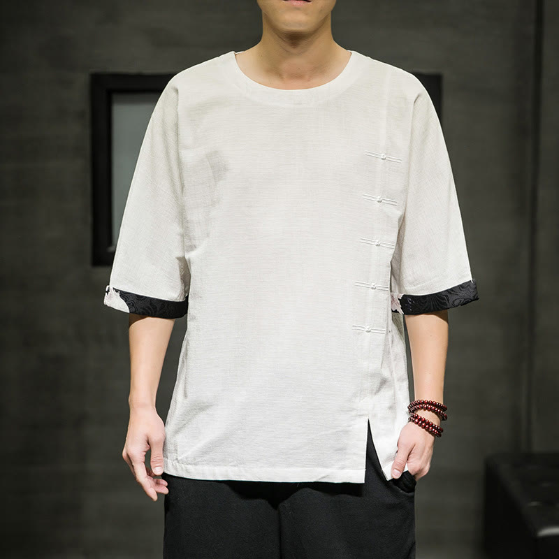 Koszulka męska z nadrukiem „Buddha Stones Summer Retro Solid Color Patchwork Design” z rękawem 3/4 wykonana z bawełny i lnu