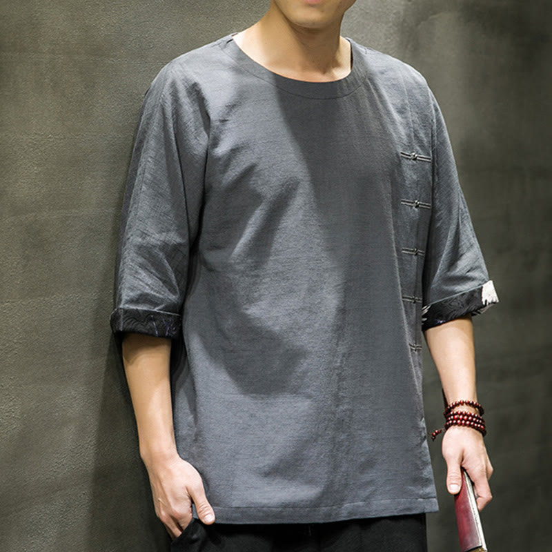 Koszulka męska z nadrukiem „Buddha Stones Summer Retro Solid Color Patchwork Design” z rękawem 3/4 wykonana z bawełny i lnu