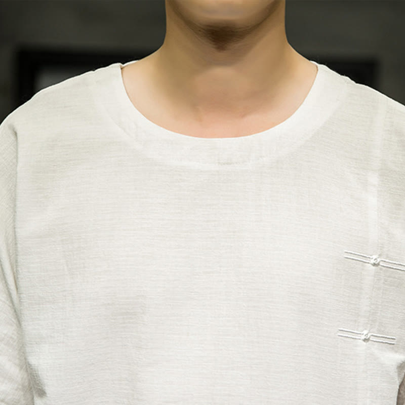 Koszulka męska z nadrukiem „Buddha Stones Summer Retro Solid Color Patchwork Design” z rękawem 3/4 wykonana z bawełny i lnu