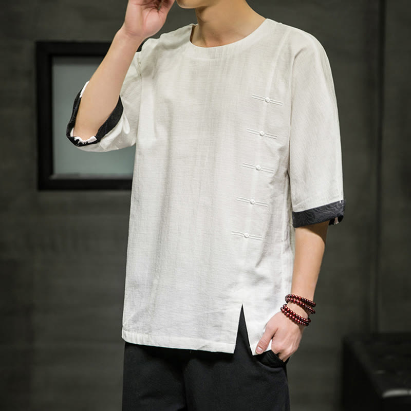 Koszulka męska z nadrukiem „Buddha Stones Summer Retro Solid Color Patchwork Design” z rękawem 3/4 wykonana z bawełny i lnu