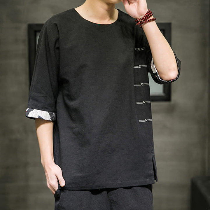 Koszulka męska z nadrukiem „Buddha Stones Summer Retro Solid Color Patchwork Design” z rękawem 3/4 wykonana z bawełny i lnu