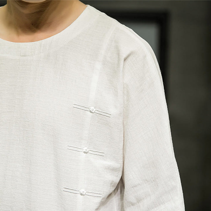 Koszulka męska z nadrukiem „Buddha Stones Summer Retro Solid Color Patchwork Design” z rękawem 3/4 wykonana z bawełny i lnu