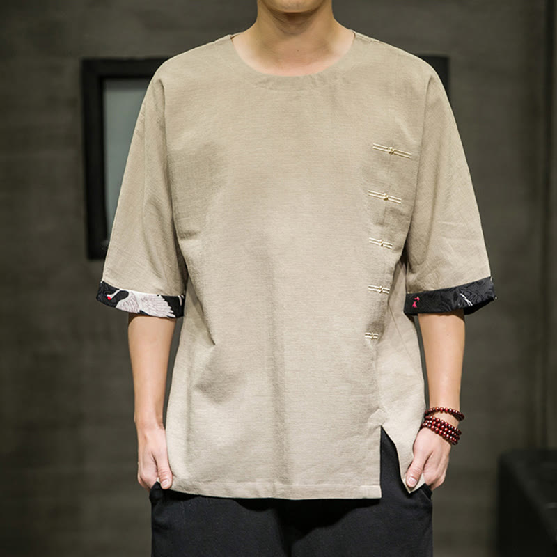 Koszulka męska z nadrukiem „Buddha Stones Summer Retro Solid Color Patchwork Design” z rękawem 3/4 wykonana z bawełny i lnu - Blada nawłoć - US/UK/AU46， EU56 (5XL) - image 7