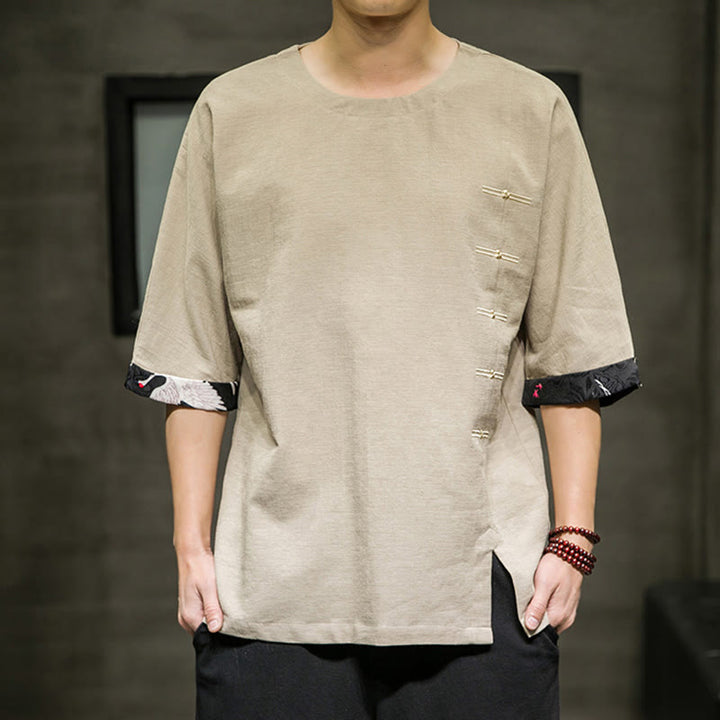 Koszulka męska z nadrukiem „Buddha Stones Summer Retro Solid Color Patchwork Design” z rękawem 3/4 wykonana z bawełny i lnu - Blada nawłoć - US/UK/AU46， EU56 (5XL) - image 7