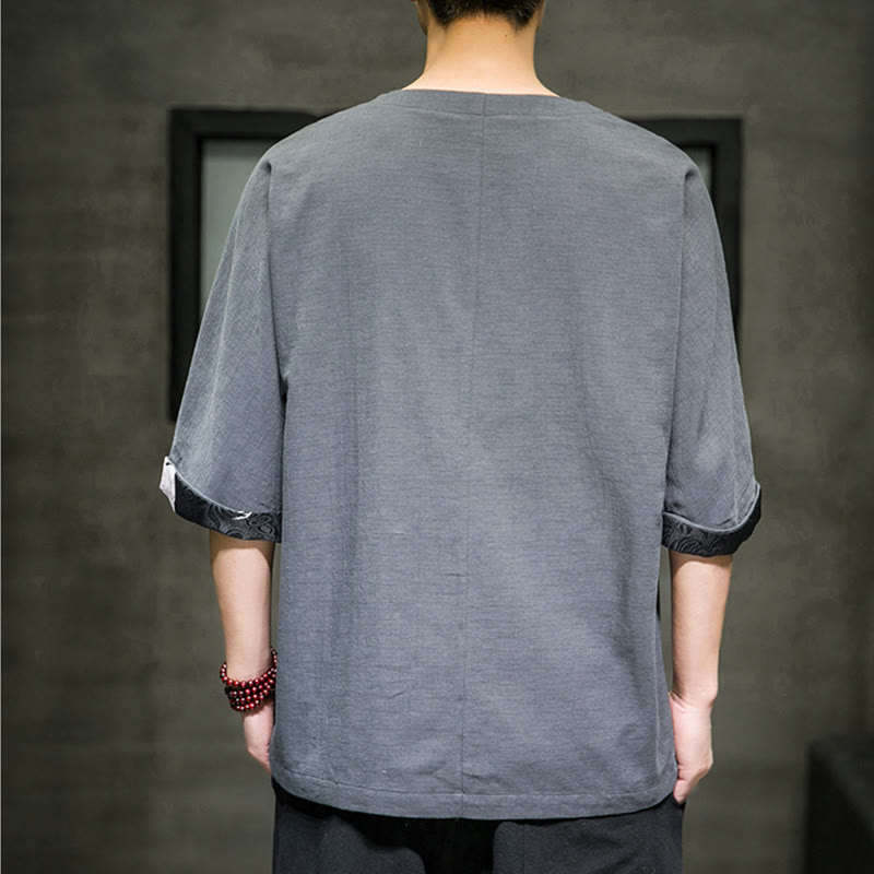 Koszulka męska z nadrukiem „Buddha Stones Summer Retro Solid Color Patchwork Design” z rękawem 3/4 wykonana z bawełny i lnu