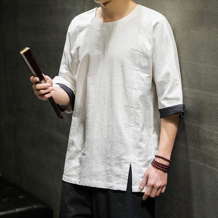 Koszulka męska z nadrukiem „Buddha Stones Summer Retro Solid Color Patchwork Design” z rękawem 3/4 wykonana z bawełny i lnu - image 26