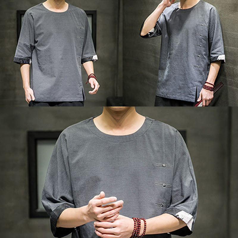 Koszulka męska z nadrukiem „Buddha Stones Summer Retro Solid Color Patchwork Design” z rękawem 3/4 wykonana z bawełny i lnu - image 22