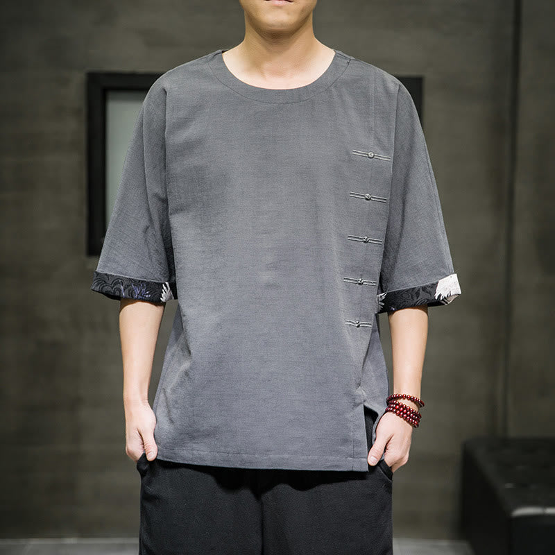 Koszulka męska z nadrukiem „Buddha Stones Summer Retro Solid Color Patchwork Design” z rękawem 3/4 wykonana z bawełny i lnu - LightSlateGray - US/UK/AU46， EU56 (5XL) - image 14