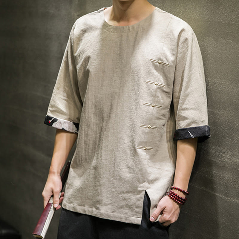 Koszulka męska z nadrukiem „Buddha Stones Summer Retro Solid Color Patchwork Design” z rękawem 3/4 wykonana z bawełny i lnu - image 11