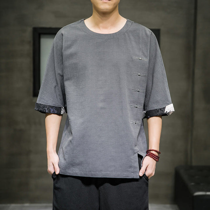 Koszulka męska z nadrukiem „Buddha Stones Summer Retro Solid Color Patchwork Design” z rękawem 3/4 wykonana z bawełny i lnu - LightSlateGray - US/UK/AU46， EU56 (5XL) - image 14