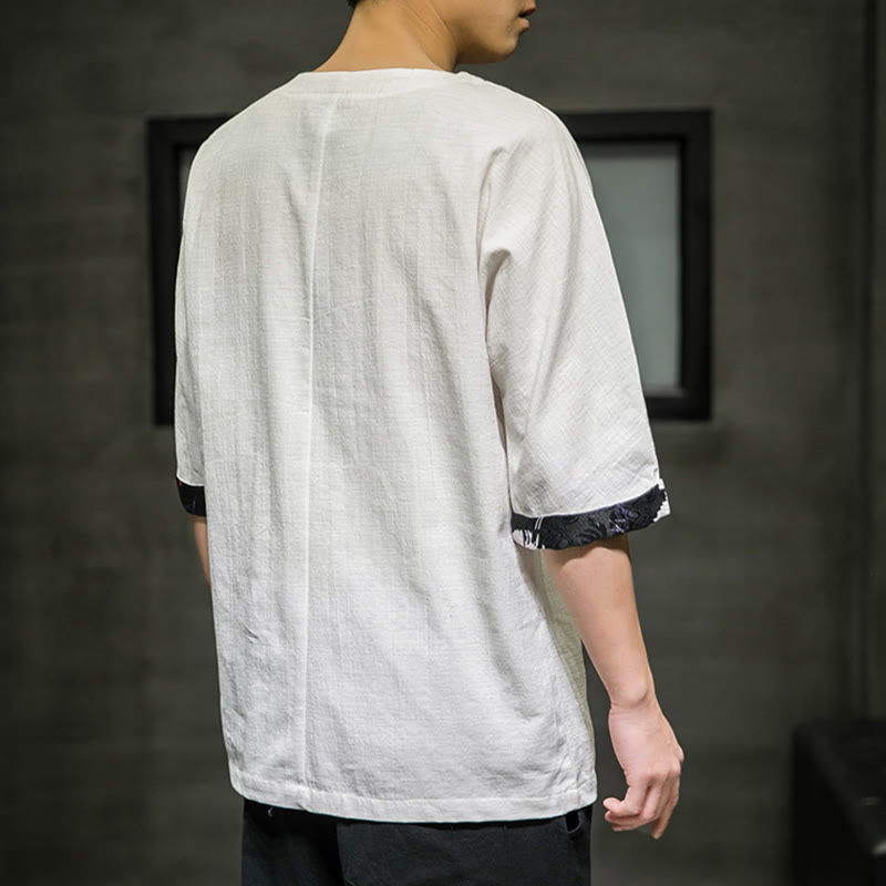 Koszulka męska z nadrukiem „Buddha Stones Summer Retro Solid Color Patchwork Design” z rękawem 3/4 wykonana z bawełny i lnu - image 25