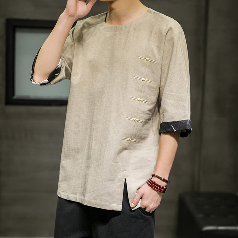 Koszulka męska z nadrukiem „Buddha Stones Summer Retro Solid Color Patchwork Design” z rękawem 3/4 wykonana z bawełny i lnu